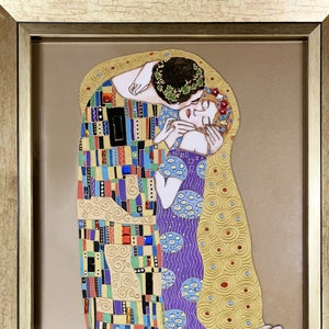 Gustav Klimt the kiss Original painting on glass with crystals Stained glass painting Framed glass wall art Anniversary gift Couples gift