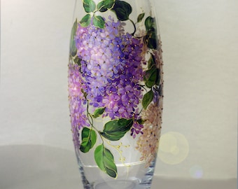 Personalized lilac vase Glass vase Hand painted vase with lilac 10 inch purple vase for flowers Anniversary gift Lilac branch