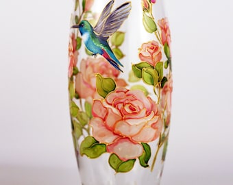 Handpainted pink rose vase Personalized gift with  flowers Coral rose art Custom glass  vase
