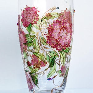 Vase with pink hydrangeas flowers Handpainted personalized glass vase Stained glass hand painted vase 25cm height