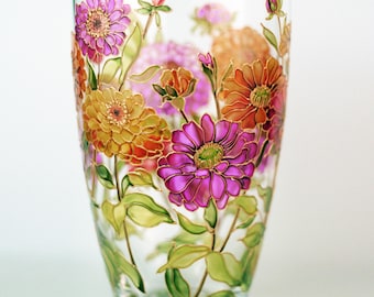 Zinnias Blumenvase, Glasmalerei handbemalt, Große personalisierte Vase mit roten Blumen, Benutzerdefinierte Muttergeschenk, Blumenvase