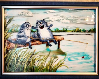 釣り猫ガラス絵画猫アート猫の絵画額入り壁アート猫好きの方へのアートギフト面白い漁師ギフト猫の壁アートウクライナのアート