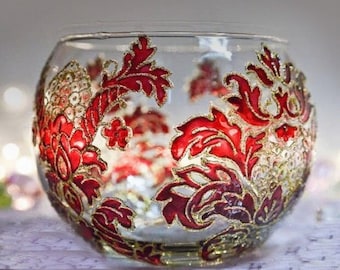 Christmas candleholder  Glass candle holder Small vase Red vase Patterns Hand painted tea light holder Xmas fairy light