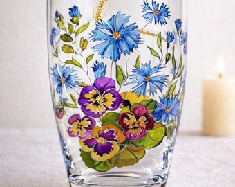 Jarrón de flores, Cornus y pensamientos, Jarrón personalizado pintado a mano, Jarrón pequeño redondo de cristal para flores de 19 cm, Regalo personalizado