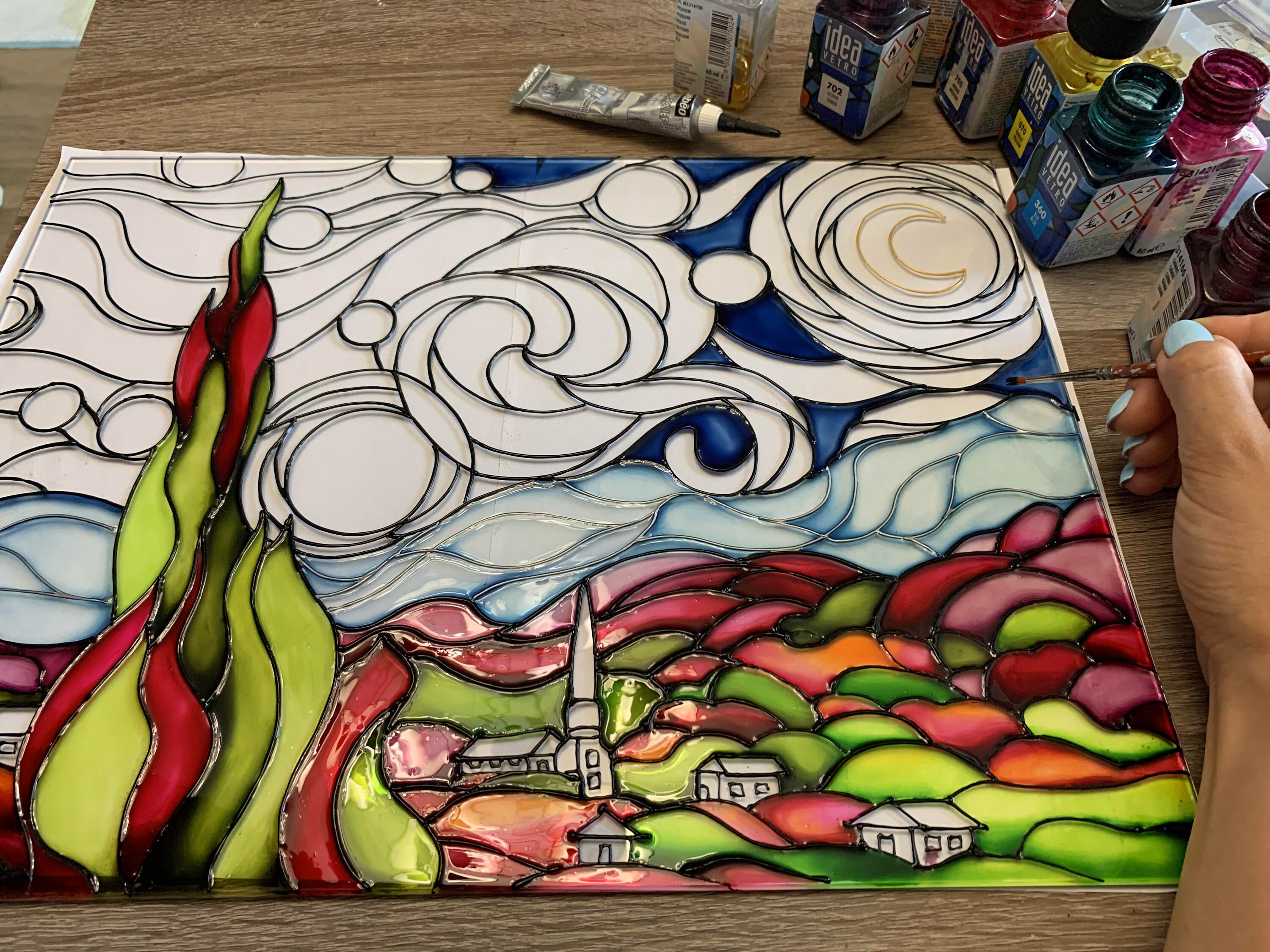 ゴッホの星月夜ガラス絵画、手描きのステンドグラス風ウォールアート