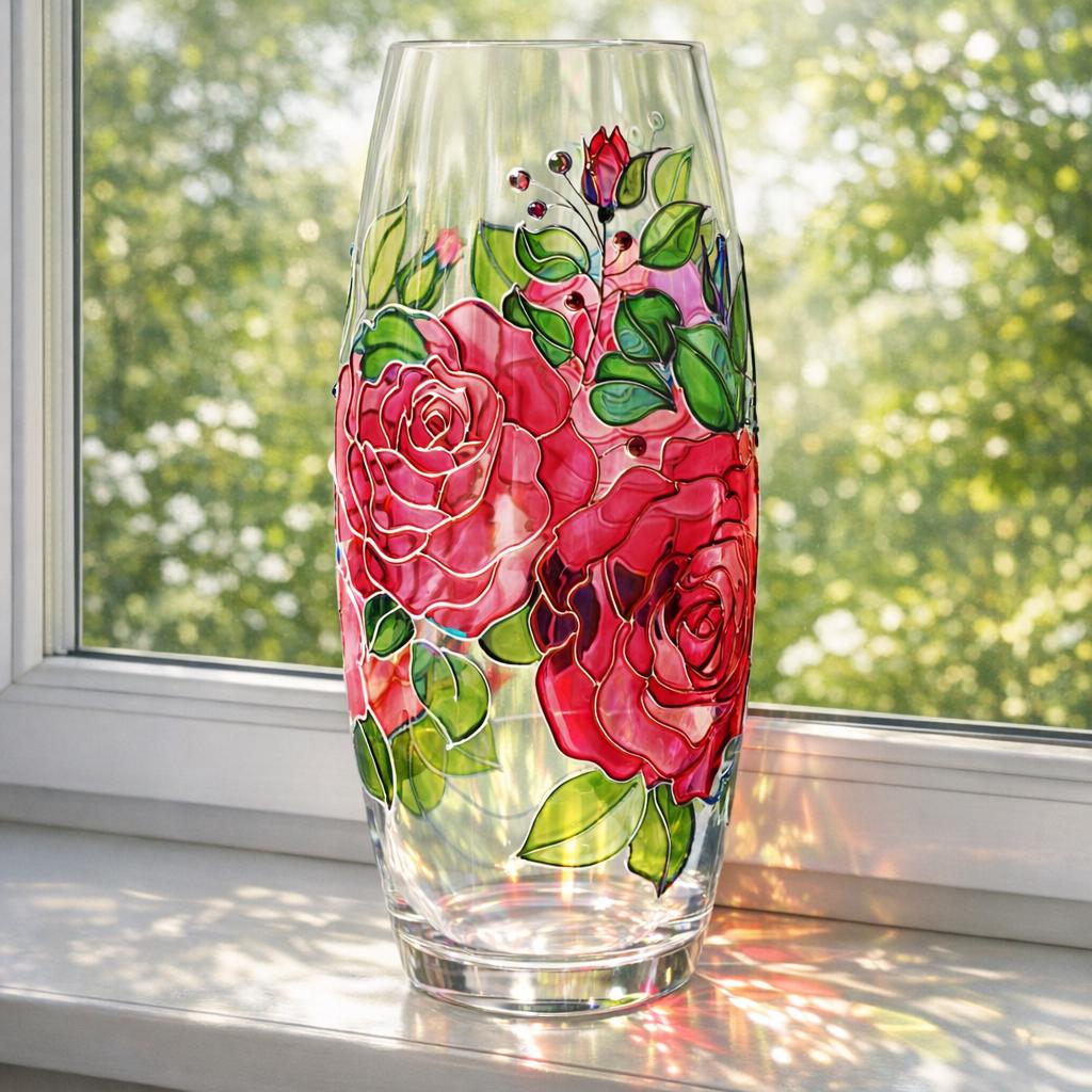 飾り物　ステンドグラス　花　花瓶 手描きのバラの花瓶：パーソナライズされたステンドグラスの花瓶、赤い