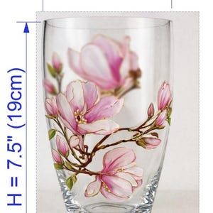 Vase magnolia peint à la main, vase en verre fleur rose blanc fait main, cadeau personnalisé, art magnolia, décoration florale personnalisée Small