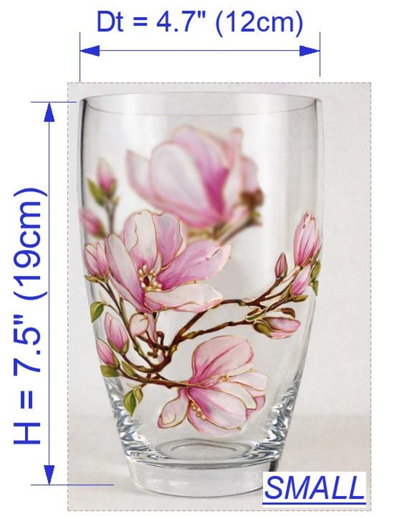 Vase magnolia peint à la main, vase en verre fleur rose blanc fait main, cadeau personnalisé, art magnolia, décoration florale personnalisée Small