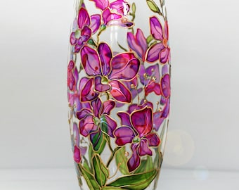 Jarrón con orquídea rosa Jarrón de vidrio pintado a mano Jarrón de vidrio personalizado con orquídea Regalo para mamá Jarrón de vidrio personalizado