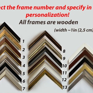 May include: A selection of 18 different wooden picture frames, each with a unique design and color. The frames are arranged in rows, with the numbers 1 through 18 labeling each frame. The text "Select the frame number and specify in the personalization! All frames are wooden (width ~1in (2,5 cm)" is displayed at the top of the image.