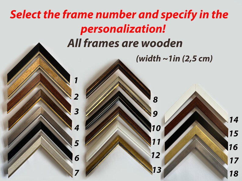 May include: A selection of 18 different wooden picture frames, each with a unique design and color. The frames are arranged in rows, with the numbers 1 through 18 labeling each frame. The text "Select the frame number and specify in the personalization! All frames are wooden (width ~1in (2,5 cm)" is displayed at the top of the image.