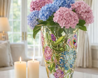 ステンドグラス花瓶＆紫陽花.ミモザ 花瓶（紫陽花入り） ステンドグラスの手描き花瓶 野花のパーソナライズ