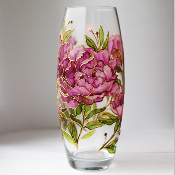 Stained glass hand painted vase Handpainted personalized vase with peony flowers Round glass pink vase Custom glass vase Peonies vase