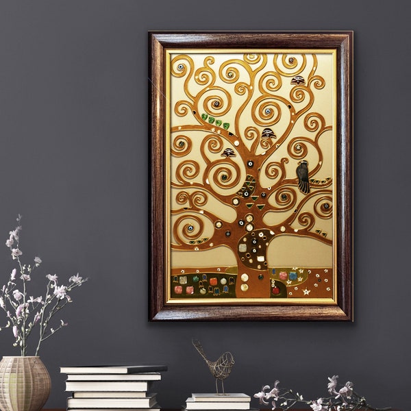 Baum des Lebens Gustav Klimt Glasmalerei Wandbild in Glasmalerei Originales Gemälde mit dekorativen Steinen Ein Teil von Stoclet Frieze