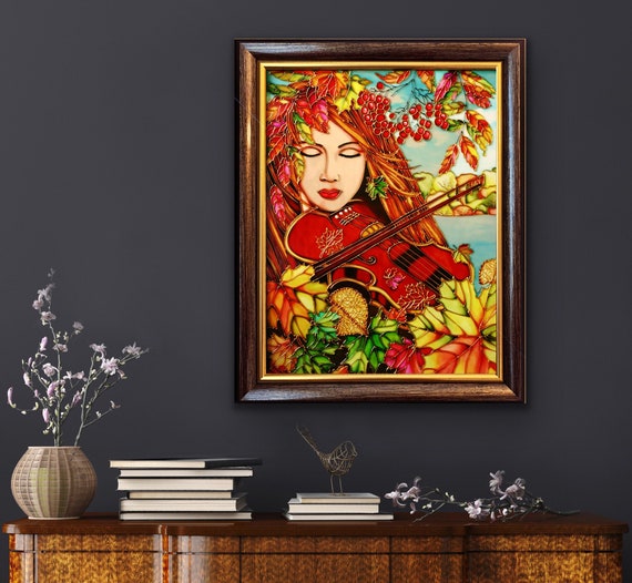 Glass wall art Girl with violin Stained glass painting Violinist painting Colorful framed wall art Trendy wall art  Vibrant glass art
