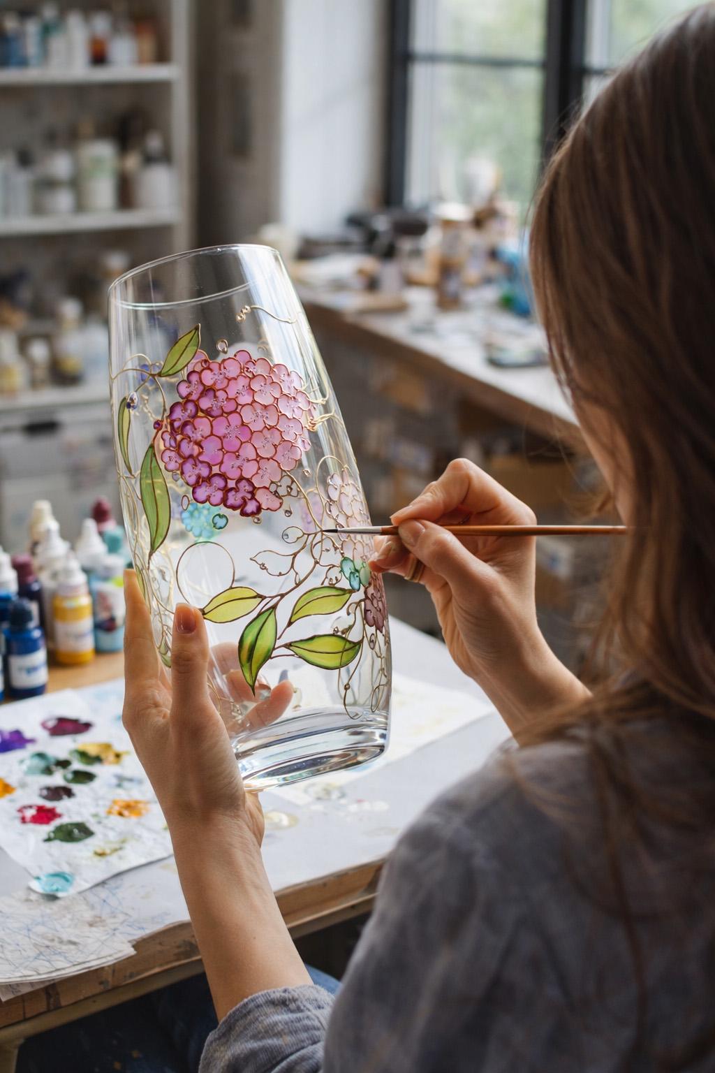 手描きの紫陽花の花瓶：手描きのピンクの花が描かれたパーソナライズ
