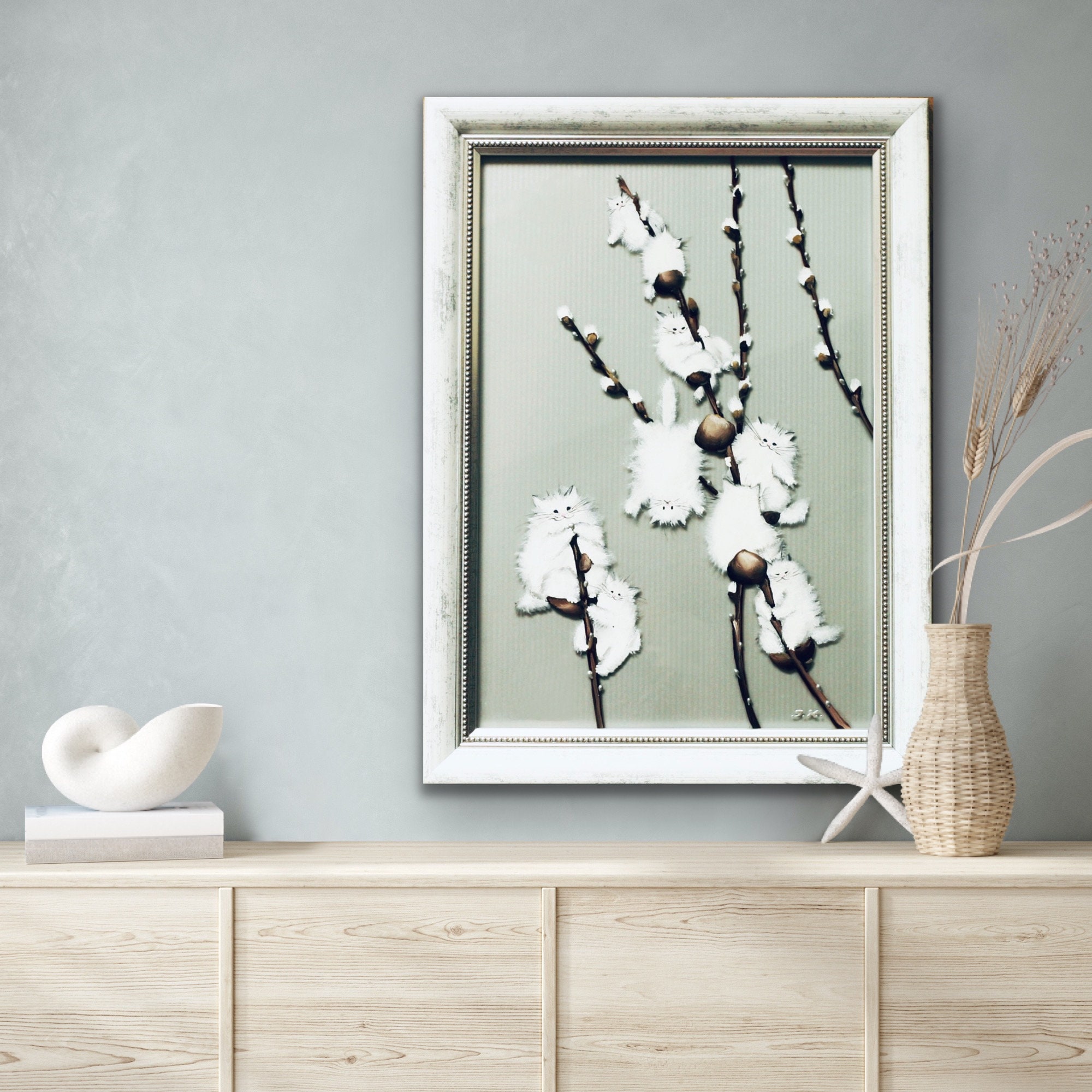 Frühling Pussywillow Katze Malerei Weiße flauschige Katze | Etsy