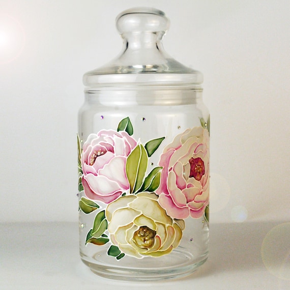 Handgemalte rosa Rosen Zuckerdose, Kaffee Tee Zucker Gewürze Getreide Glas Blumenbehälter mit Deckel, Küchen Dekor