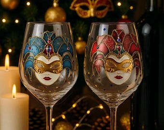 Hand Painted Wine Glasses – Personalized Red & Blue Venetian Mask Goblets, Hand-Painted Holiday Gift for Couples, New Year Table Decor
