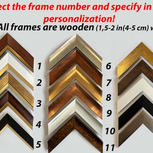 May include: A selection of 16 wooden picture frame samples, each with a different design and finish. The frames are numbered 1 through 16. The text states that the frames are 1.5-2 inches (4-5 cm) wide. The text also says to select the frame number and specify in the personalization.