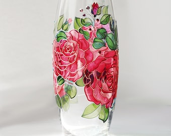 手描きのバラの花瓶：パーソナライズされたステンドグラスの花瓶、赤い