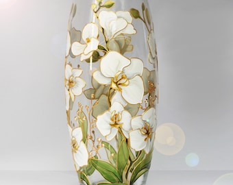 Jarrón de orquídeas blancas Jarrón de flores pintado a mano Arte de orquídeas Arte en vidrieras Regalo personalizado Jarrón de vidrio blanco personalizado de 25 cm