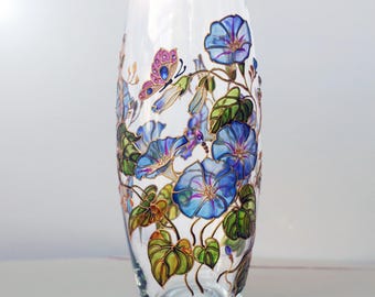 Morning glory flowers vase, Handpainted flower glass vase, Blue wildflowers, Personalized vase, Original gift for mom, Floral art