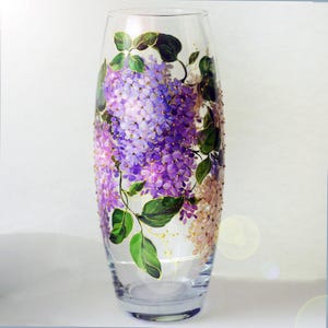 Vaso personalizado lilás, vaso de vidro, vaso pintado à mão com lilás, vaso roxo de 25 cm para flores, presente para o Dia das Mães, ramo de lilás