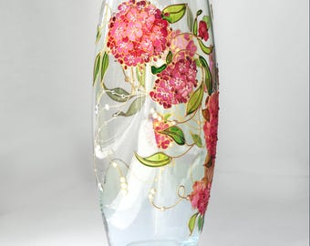 Hand Painted Red Hydrangea Vase: Personalized Pink Flowers Glass Vase, Pink Hydrangea Art, Custom Gift For Mother, Desk Home Decor