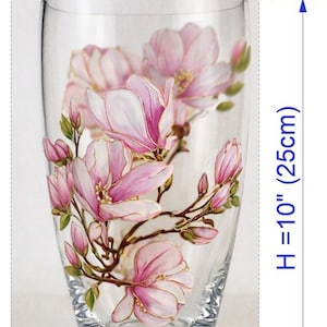 Vase magnolia peint à la main, vase en verre fleur rose blanc fait main, cadeau personnalisé, art magnolia, décoration florale personnalisée Large