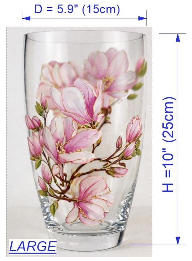 Vase magnolia peint à la main, vase en verre fleur rose blanc fait main, cadeau personnalisé, art magnolia, décoration florale personnalisée Large