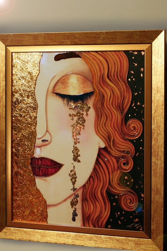 Golden tears Stained glass painting Framed glass wall art Original painting Unique housewarming gift Gold wall art
