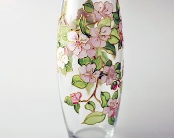 Jarrón con sakura Jarrón de vidrieras pintado a mano Jarrón de cristal blanco personalizado Arte de sakura Regalo original Jarrón rosa y verde