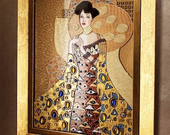Retrato de Adele Bloch-Bauer de Gustav Klimt, pintura sobre vidriera, arte de pared enmarcado, arte de vidrio dorado de moda, decoración de pared para sala de estar
