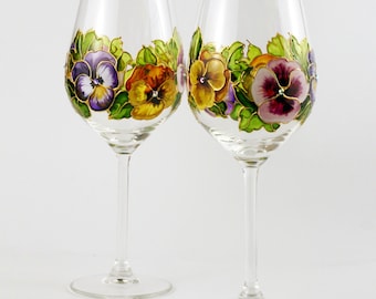 Painted wine glasses, Colorful pansies flowers, Personalized goblet, Custom hand made gift