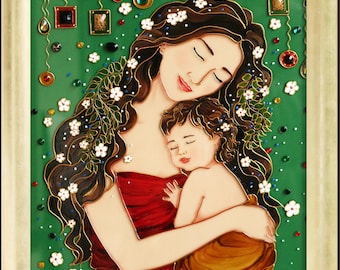 Mother and child Gustav Klimt Custom stained glass painting Gift for mom from daughter New mom gift Mom with baby custom painting