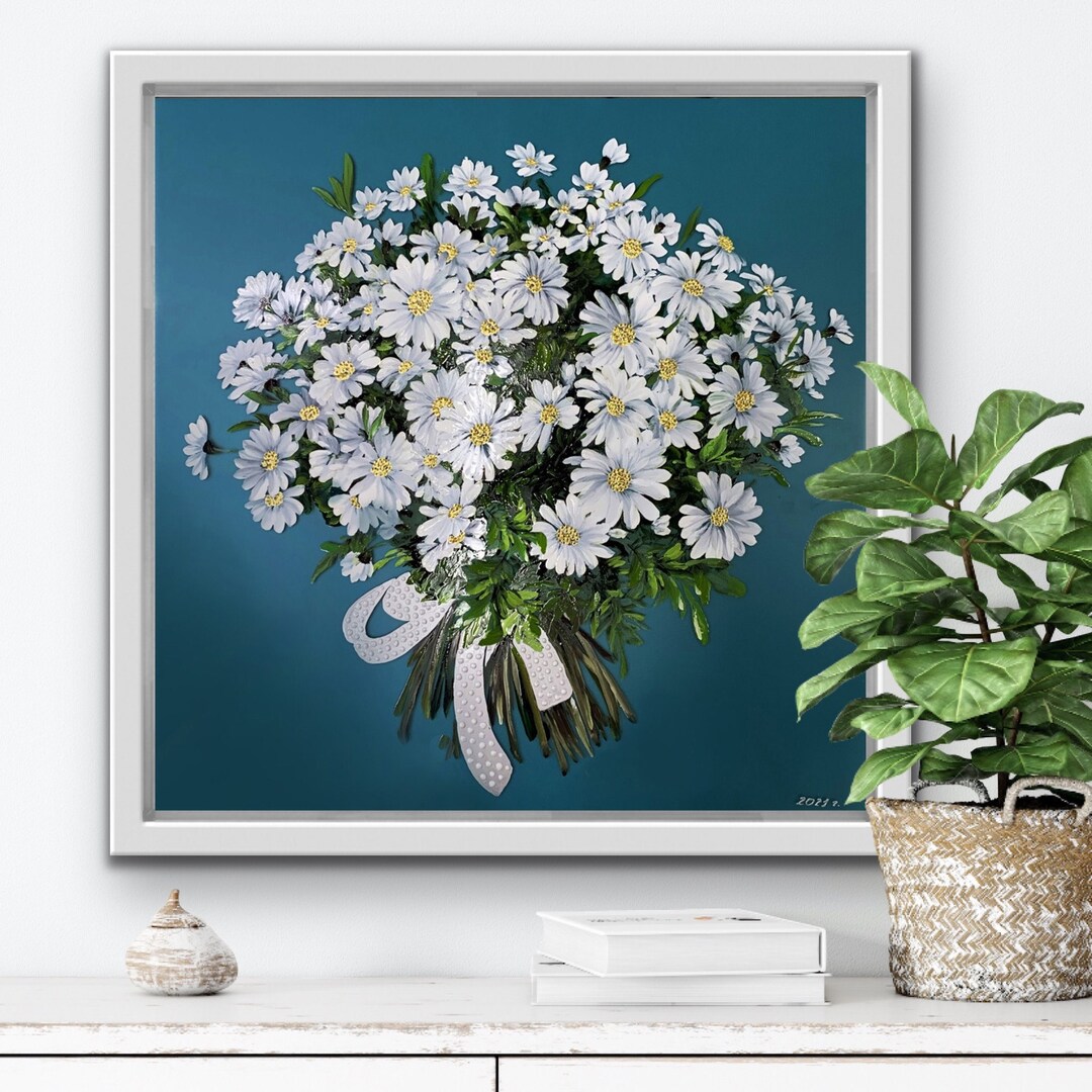 Daisies Original Stained Glass Painting White Flower Decor Chamomile ...