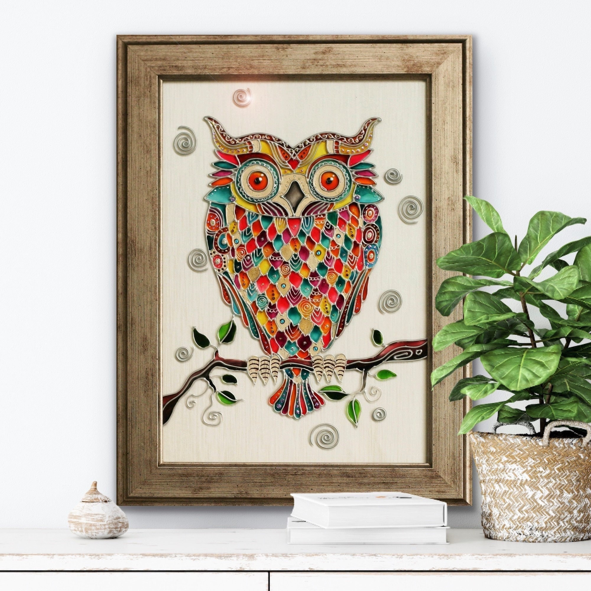 ステンドグラスの絵画 虹のフクロウの絵画 フクロウの壁アート