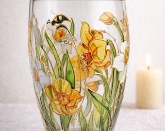 Jarrón de narcisos hecho a mano, jarrón de vidrio con flores blancas y amarillas de narcisos pintado a mano, jarrón de vidrio pesado pequeño personalizado de 7,5 pulgadas (19 cm)