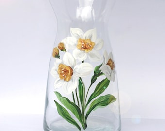 Handpainted Daffodils Vase: Personalized small glass vase, White Yellow Narcissus Flowers, Height 6.5 inches (16 cm)