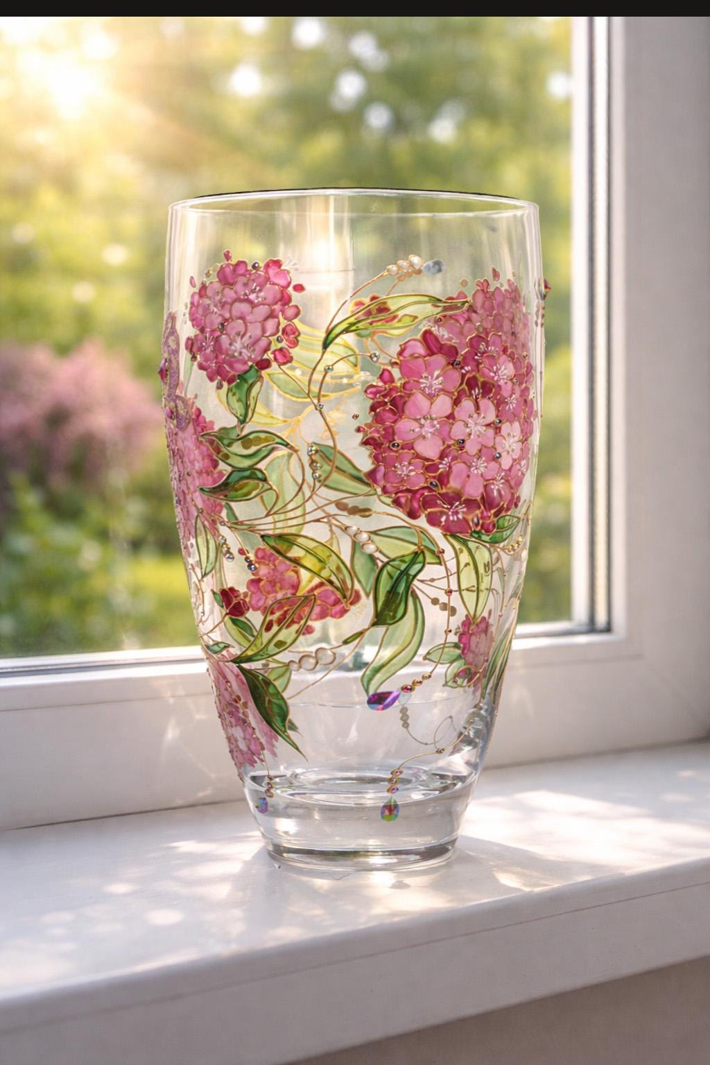 手描きの紫陽花の花瓶：手描きのピンクの花が描かれたパーソナライズ