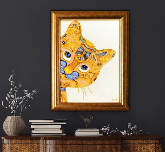 猫の壁アート 青と黄色の猫の肖像画 オリジナルのステンドグラスの絵画