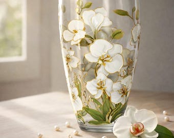 Jarrón de orquídea pintado a mano, jarrón de flores de vidrio hecho a mano, regalo personalizado para mamá, decoración del hogar con flores blancas, jarrón redondo pequeño y grande, arte de orquídeas