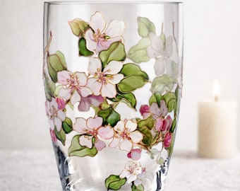 Jarrón de sakura pintado a mano, jarrón de vidrio pesado hecho a mano, regalo personalizado para mamá, decoración del hogar con flores blancas y rosas, jarrón de vidrio redondo pequeño o grande