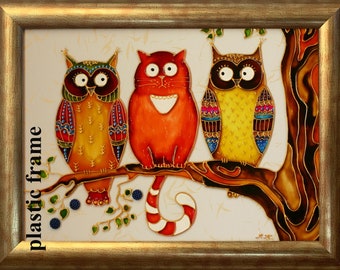 Funny cat and owls Stained glass painting Funny wall decor Original painting on glass Framed glass wall art Funny cat art  Cat lovers gift