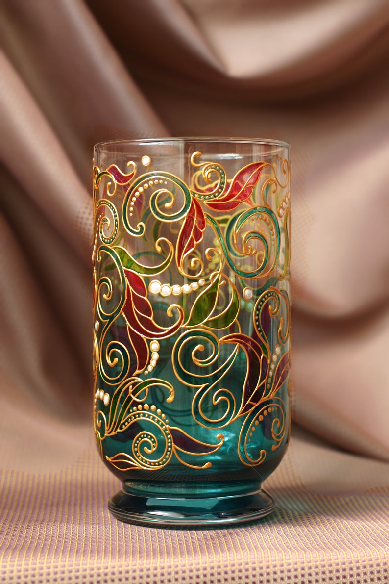 Hand painted stained glass vase for flowers Turquoise glass Etsy