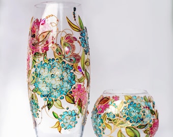 Jarrón de hortensias de vidrio pintado a mano personalizado: jarrón y portavelas con flores silvestres turquesas y rosas, regalo para mamá