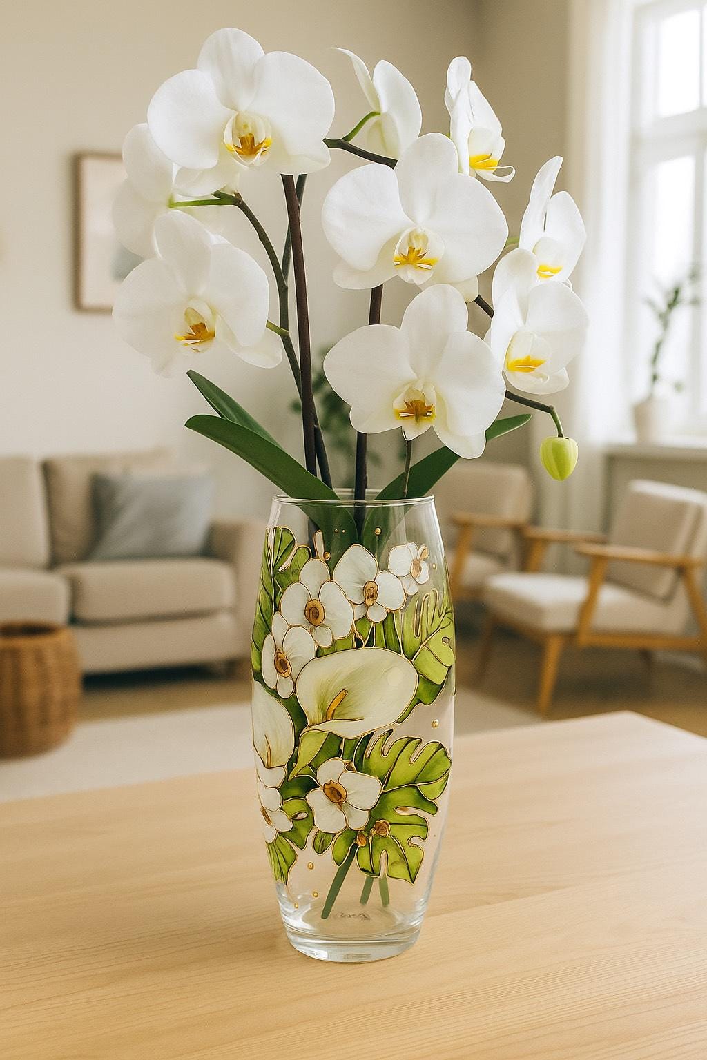 手描きのカラーリリーと蘭の花瓶、白い花のガラス花瓶、パーソナライズ