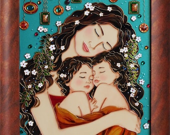 Mom and twins Stained glass painting Gustav Klimt Mother with twins custom glass painting Baptism gift Mothers day gift for mom