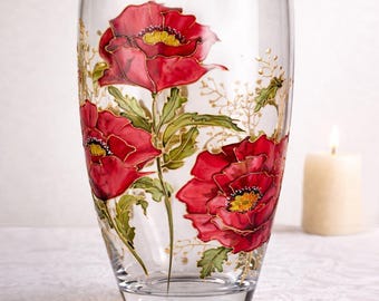 Jarrón de flores de amapola, jarrón de vidrio pesado hecho a mano, regalo personalizado pintado a mano para mamá, jarrón de vidrio redondo pequeño para flores, 7.5 pulgadas de alto